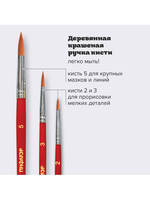 Кисти ПИФАГОР, набор 3 шт. (СИНТЕТИКА: круглые № 2, 3, 5), пакет с европодвесом, 200226