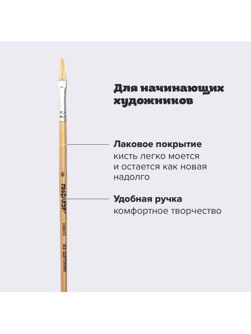 Кисть ПИФАГОР, ЩЕТИНА, плоская, № 6, деревянная лакированная ручка, пакет с подвесом, 200872