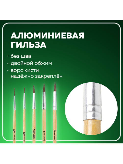 Кисти BRAUBERG, набор 5 шт. (пони, круглые № 1, 2, 3, 4, 5), блистер, 200222