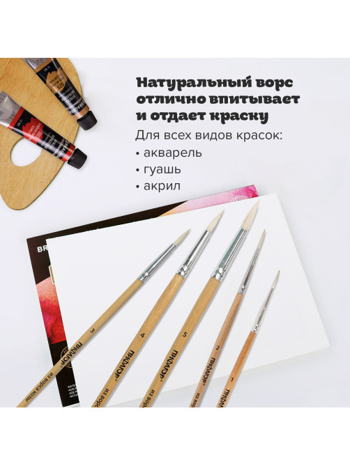 Кисти ПИФАГОР, набор 5 шт. (КОЗА: круглые № 1, 2, 3, 4, 5), блистер с европодвесом, 200887
