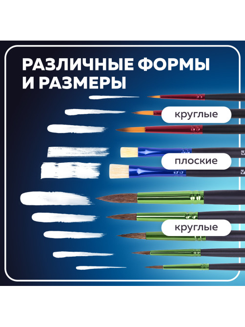 Кисти BRAUBERG PREMIUM, набор 10 шт. (круглые пони - 5 шт., синтетика - 3 шт., плоские щетина - 2 шт.), блистер, 201023