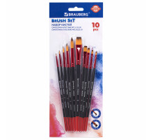 Кисти BRAUBERG PREMIUM, набор 10 шт. (синтетика, круглые № 1, 2, 3, 5, 8, плоские № 2, 4, 6, 8, 10), 201027