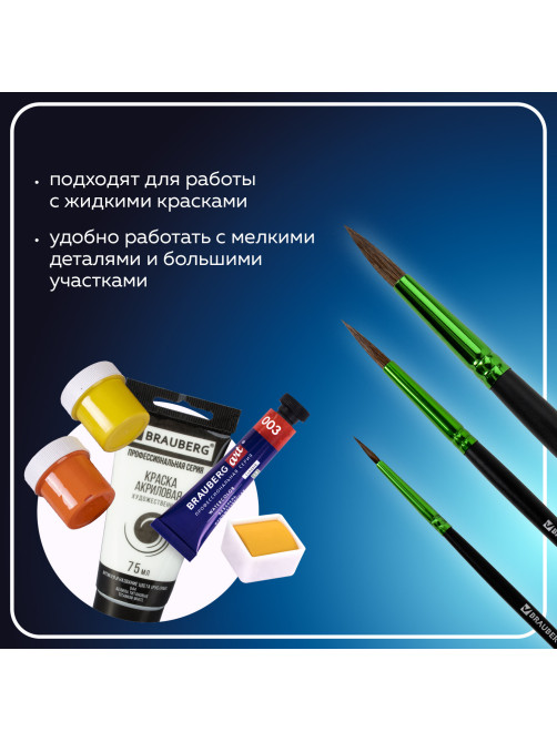 Кисти BRAUBERG PREMIUM, набор 3 шт. (из ворса пони круглые № 2, 4, 7), блистер, 201021