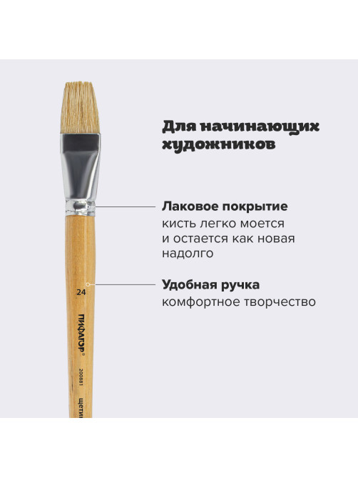 Кисть ПИФАГОР, ЩЕТИНА, плоская, № 24, деревянная лакированная ручка, пакет с подвесом, 200881