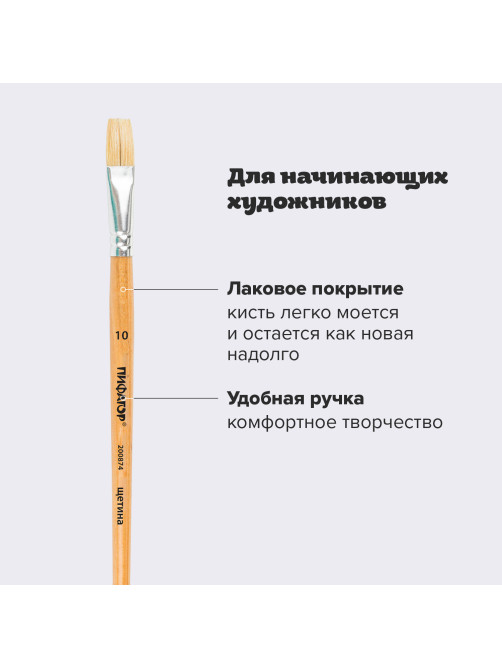 Кисть ПИФАГОР, ЩЕТИНА, плоская, № 10, деревянная лакированная ручка, пакет с подвесом, 200874