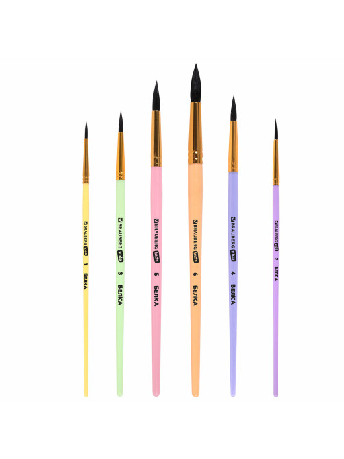 Кисти БЕЛКА набор 6 шт. (круглые № 1, 2, 3, 4, 5, 6), блистер, BRAUBERG KIDS, 201083
