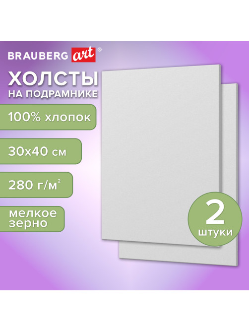 Холсты на подрамнике, набор 2 штуки, BRAUBERG ART BASIC, 30х40 см, 280 г/м2, хлопок, грунт, 192672