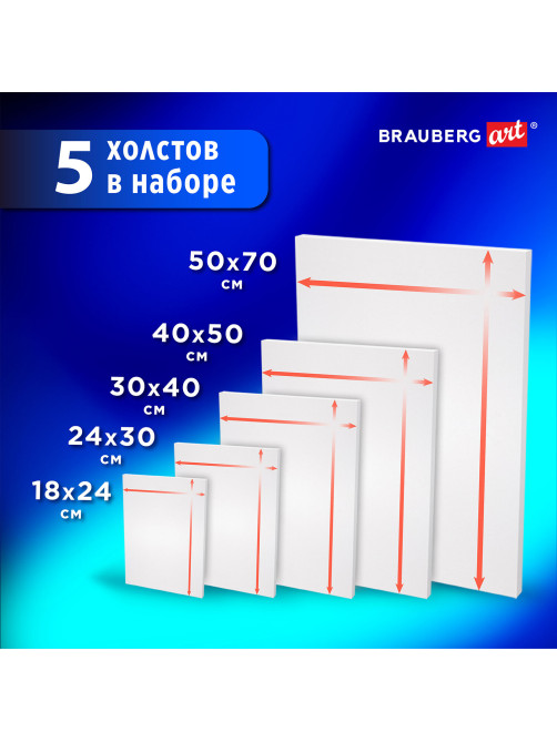 Холсты на подрамнике BRAUBERG ART CLASSIC, НАБОР 5 шт., грунтованные, 100% хлопок, среднее зерно, 190650