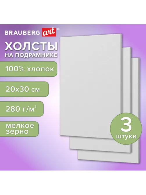 Холсты на подрамнике, набор 3 штуки, BRAUBERG ART BASIC, 20х30 см, 280 г/м2, хлопок, грунт, 192676