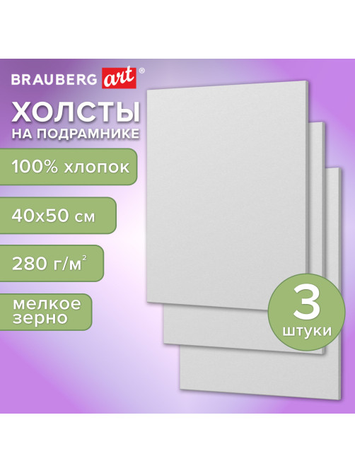 Холсты на подрамнике, набор 3 штуки, BRAUBERG ART BASIC, 40х50 см, 280 г/м2, хлопок, грунт, 192678