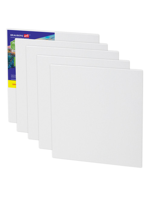 Холсты на картоне НАБОР 5 штук (20х20 см), хлопок, 280 г/м2, грунт, BRAUBERG ART CLASSIC, 192650