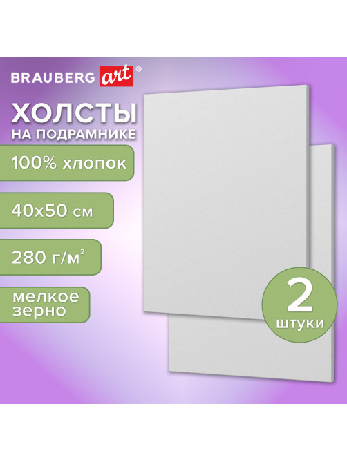 Холсты на подрамнике, набор 2 штуки, BRAUBERG ART BASIC, 40х50 см, 280 г/м2, хлопок, грунт, 192673