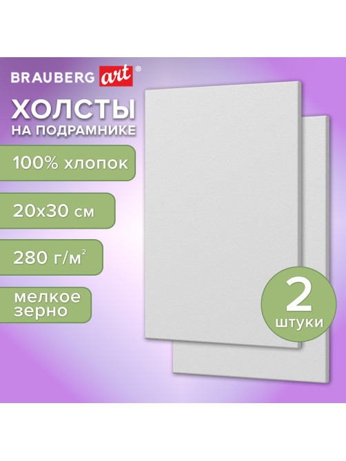 Холсты на подрамнике, набор 2 штуки, BRAUBERG ART BASIC, 20х30 см, 280 г/м2, хлопок, грунт, 192671
