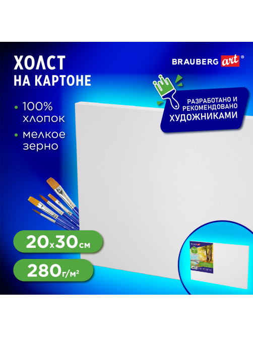 Холст на картоне, 20х30 см, 280 г/м2, грунтованный, 100% хлопок, BRAUBERG ART CLASSIC, 192184