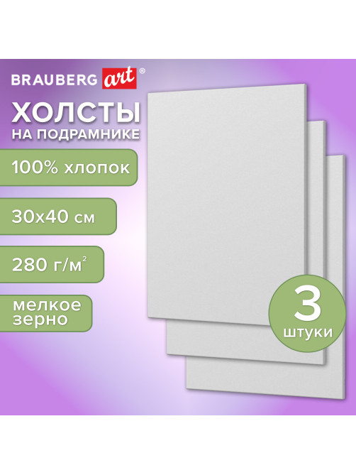 Холсты на подрамнике, набор 3 штуки, BRAUBERG ART BASIC, 30х40 см, 280 г/м2, хлопок, грунт, 192677