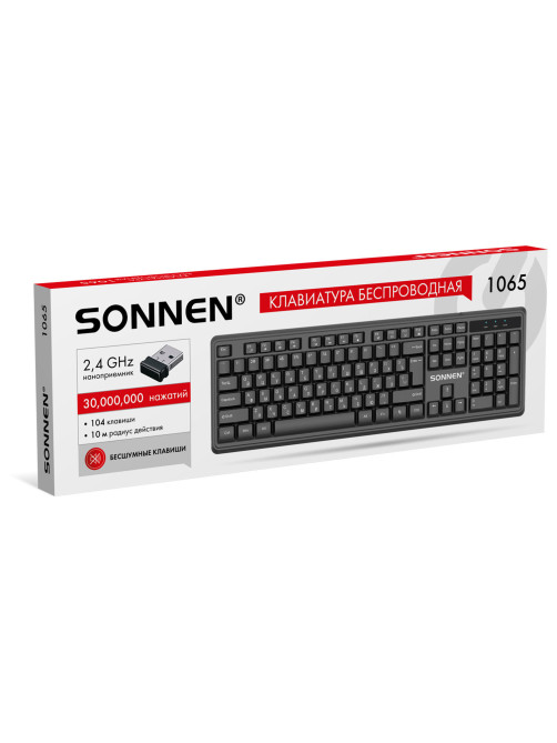 Клавиатура беспроводная бесшумная, USB, 104 клавиши, SONNEN 1065, черная, 513951