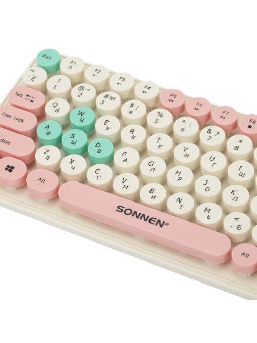 Клавиатура беспроводная бесшумная USB, 105 клавиш, SONNEN K303PM, слоновая кость / розовый / мятный, 513977