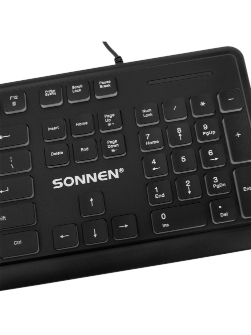Клавиатура проводная бесшумная USB, 104 плоские клавиши, LED-подсветка, SONNEN K308, черная, 513947