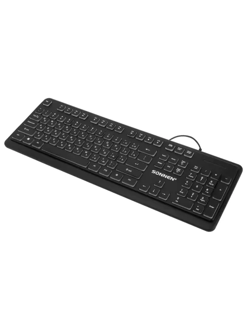 Клавиатура проводная бесшумная USB, 104 плоские клавиши, LED-подсветка, SONNEN K308, черная, 513947