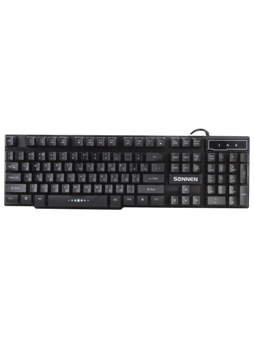 Клавиатура проводная SONNEN KB-7010, USB, 104 клавиши, LED-подсветка, черная, 512653
