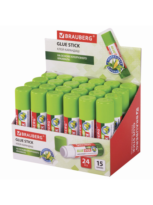 Клей-карандаш на натуральной основе BRAUBERG GREEN, 15 г, 270437
