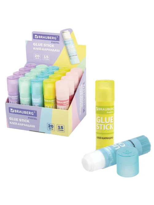 Клей-карандаш в пастельном корпусе BRAUBERG PASTEL, 15 г, PVP-основа, ассорти, 271249