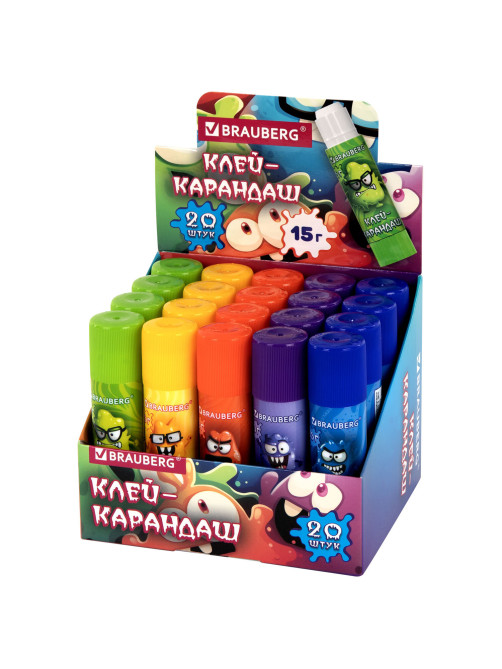 Клей-карандаш 15 г, кросс-серия МОНСТРИКИ, ассорти, BRAUBERG, 273237