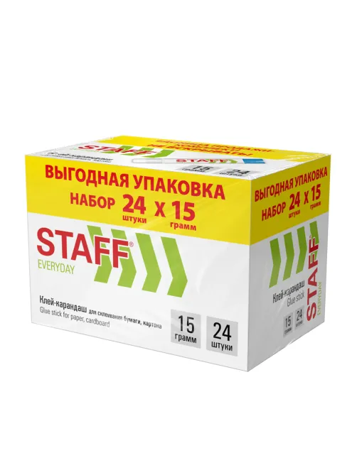 Клей-карандаш 15 г, ВЫГОДНАЯ УПАКОВКА, КОМПЛЕКТ 24 ШТУКИ, STAFF EVERYDAY, 273017
