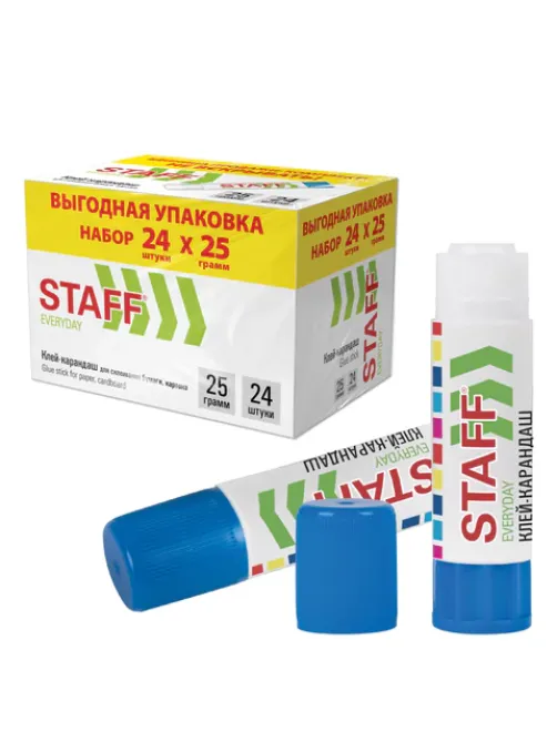 Клей-карандаш 25 г, ВЫГОДНАЯ УПАКОВКА, КОМПЛЕКТ 24 ШТУКИ, STAFF EVERYDAY, 273018
