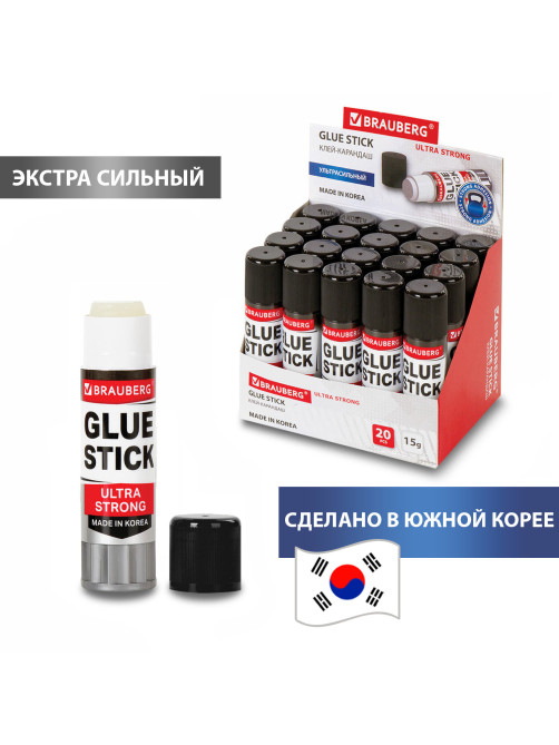 Клей-карандаш BRAUBERG ULTRA STRONG, УСИЛЕННАЯ ФОРМУЛА, 15 г, ЮЖНАЯ КОРЕЯ, 229545