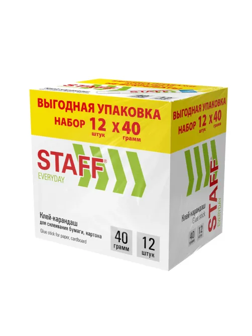 Клей-карандаш 40 г, ВЫГОДНАЯ УПАКОВКА, КОМПЛЕКТ 12 ШТУК, STAFF EVERYDAY, 273019