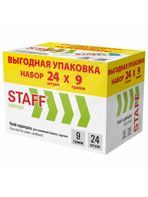 Клей-карандаш 9 г, ВЫГОДНАЯ УПАКОВКА, КОМПЛЕКТ 24 ШТУКИ, STAFF EVERYDAY, 273016