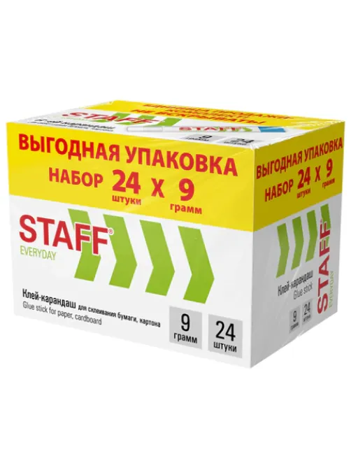 Клей-карандаш 9 г, ВЫГОДНАЯ УПАКОВКА, КОМПЛЕКТ 24 ШТУКИ, STAFF EVERYDAY, 273016