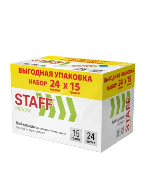 Клей-карандаш 15 г, ВЫГОДНАЯ УПАКОВКА, КОМПЛЕКТ 24 ШТУКИ, STAFF EVERYDAY, 273017
