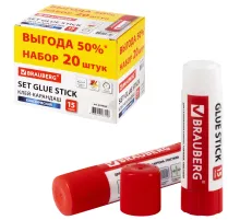 Клей-карандаш 15 г ВЫГОДНАЯ УПАКОВКА, КОМПЛЕКТ 20 штук, BRAUBERG, 229469