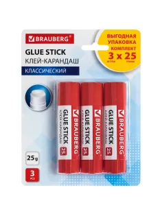 Клей-карандаш 25 г ВЫГОДНАЯ УПАКОВКА BRAUBERG, 3 штуки на блистере, 271306