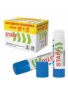 Клей-карандаш 9 г, ВЫГОДНАЯ УПАКОВКА, КОМПЛЕКТ 24 ШТУКИ, STAFF EVERYDAY, 273016