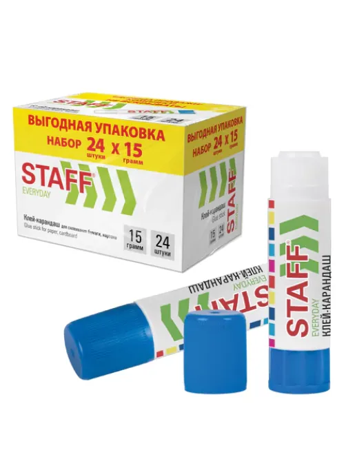 Клей-карандаш 15 г, ВЫГОДНАЯ УПАКОВКА, КОМПЛЕКТ 24 ШТУКИ, STAFF EVERYDAY, 273017