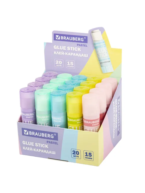 Клей-карандаш в пастельном корпусе BRAUBERG PASTEL, 15 г, PVP-основа, ассорти, 271249