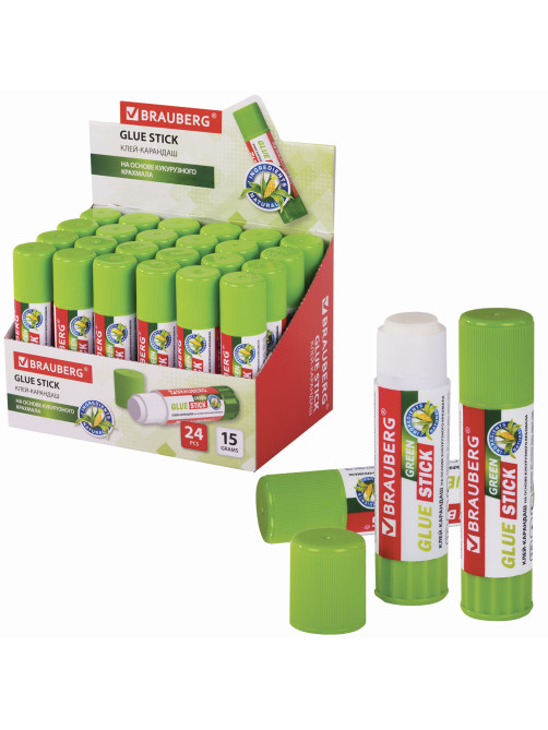 Клей-карандаш на натуральной основе BRAUBERG GREEN, 15 г, 270437