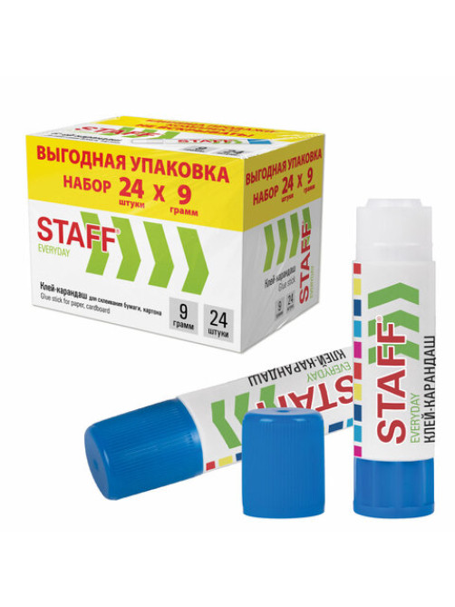 Клей-карандаш 9 г, ВЫГОДНАЯ УПАКОВКА, КОМПЛЕКТ 24 ШТУКИ, STAFF EVERYDAY, 273016