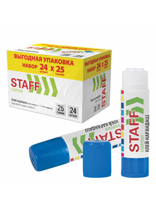 Клей-карандаш 25 г, ВЫГОДНАЯ УПАКОВКА, КОМПЛЕКТ 24 ШТУКИ, STAFF EVERYDAY, 273018
