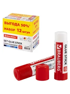 Клей-карандаш 25 г ВЫГОДНАЯ УПАКОВКА, КОМПЛЕКТ 12 штук, BRAUBERG, 229470