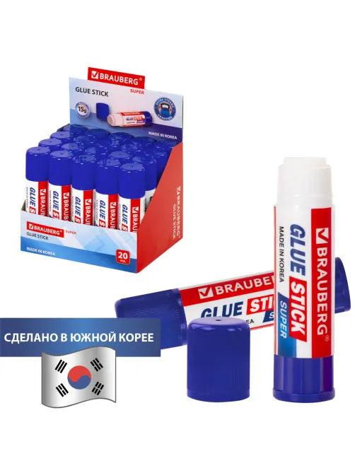 Клей-карандаш BRAUBERG SUPER, 15 г, ЮЖНАЯ КОРЕЯ, 229541