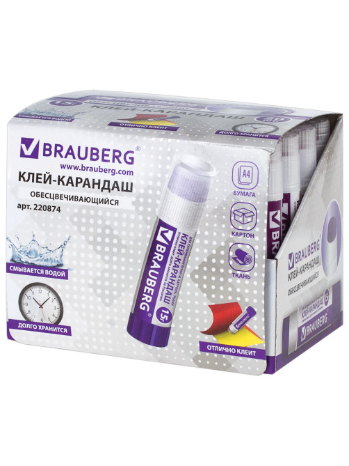 Клей-карандаш BRAUBERG, 15 г, обесцвечивающийся после высыхания, 220874