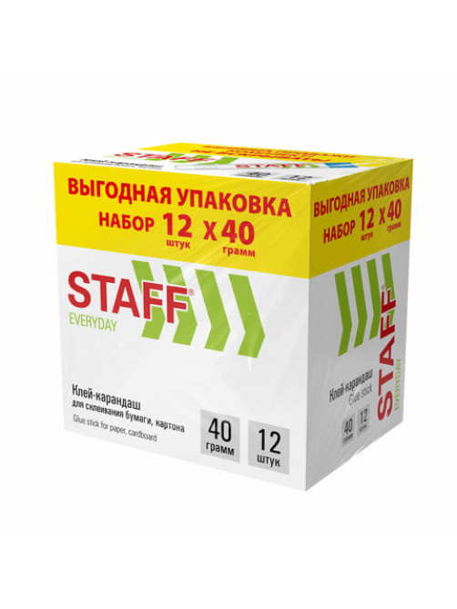 Клей-карандаш 40 г, ВЫГОДНАЯ УПАКОВКА, КОМПЛЕКТ 12 ШТУК, STAFF EVERYDAY, 273019