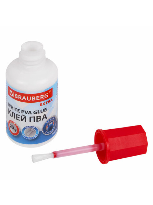 Клей ПВА УСИЛЕННЫЙ 20 г с кисточкой (бумага, фотографии, картон, дерево), BRAUBERG Extra, 272998