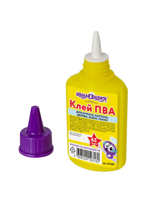 Клей ПВА ЮНЛАНДИЯ (бумага, картон, дерево), 65 г, 227380