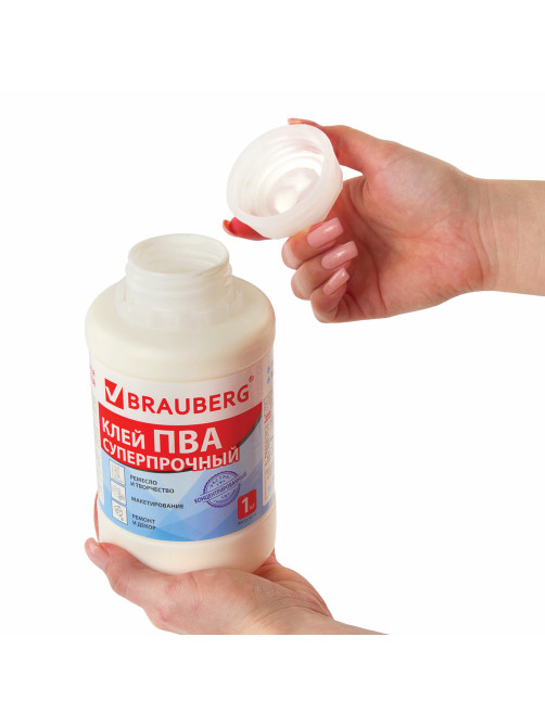 Клей ПВА BRAUBERG, 1 кг, суперпрочный (керамика, ткань, кожа, дерево, бумага, картон), 600984