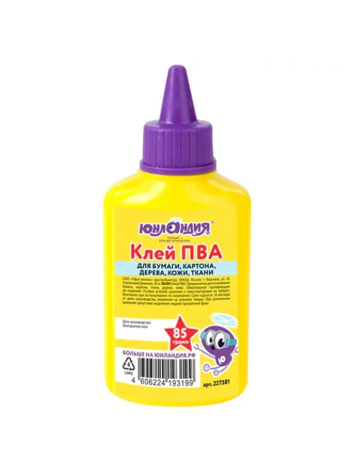 Клей ПВА ЮНЛАНДИЯ (бумага, картон, дерево), 85 г, 227381
